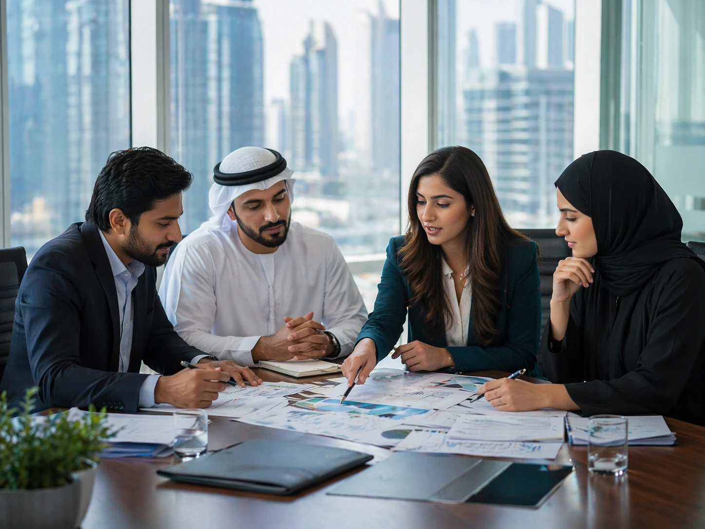 Elan advisors with clients in a Dubai boardroom