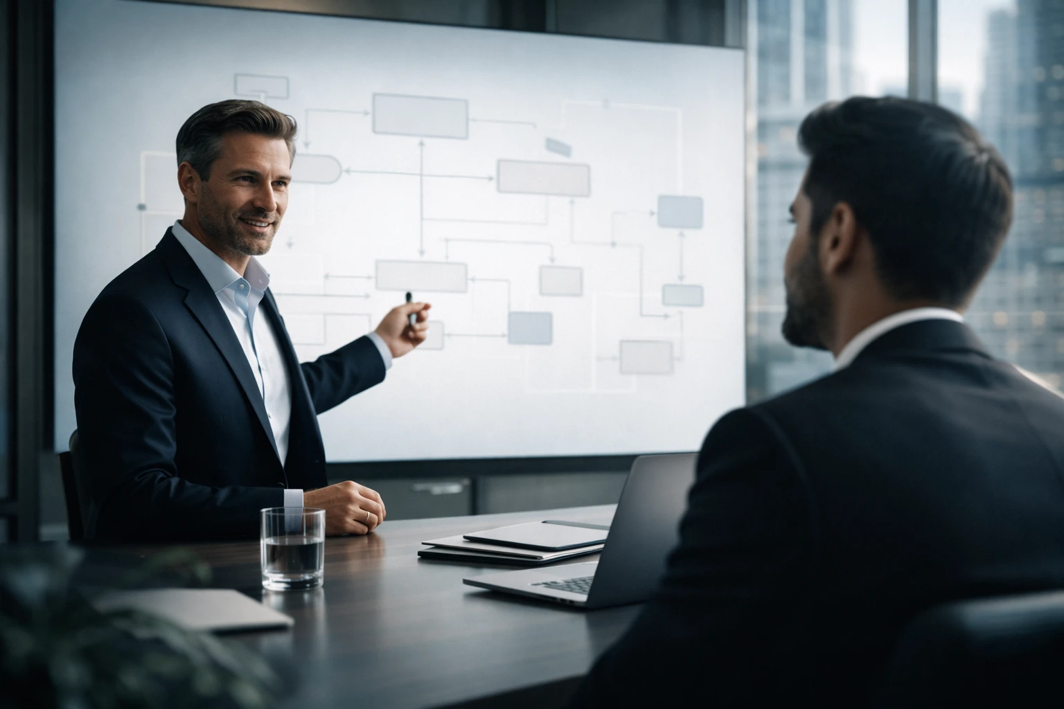 UAE company formation consultants presenting entity structure, licensing roadmap, and setup milestones in a modern Dubai boardroom. Elan Business Solution.