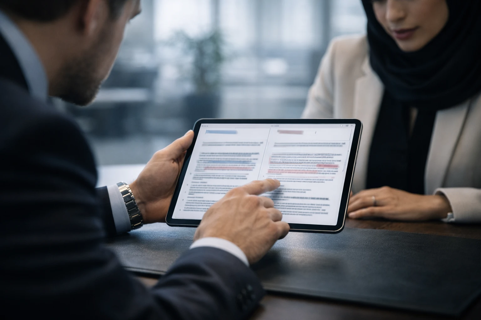 UAE legal drafting team reviewing agreements and commercial terms with a client in a professional Dubai office. Elan Business Solution.