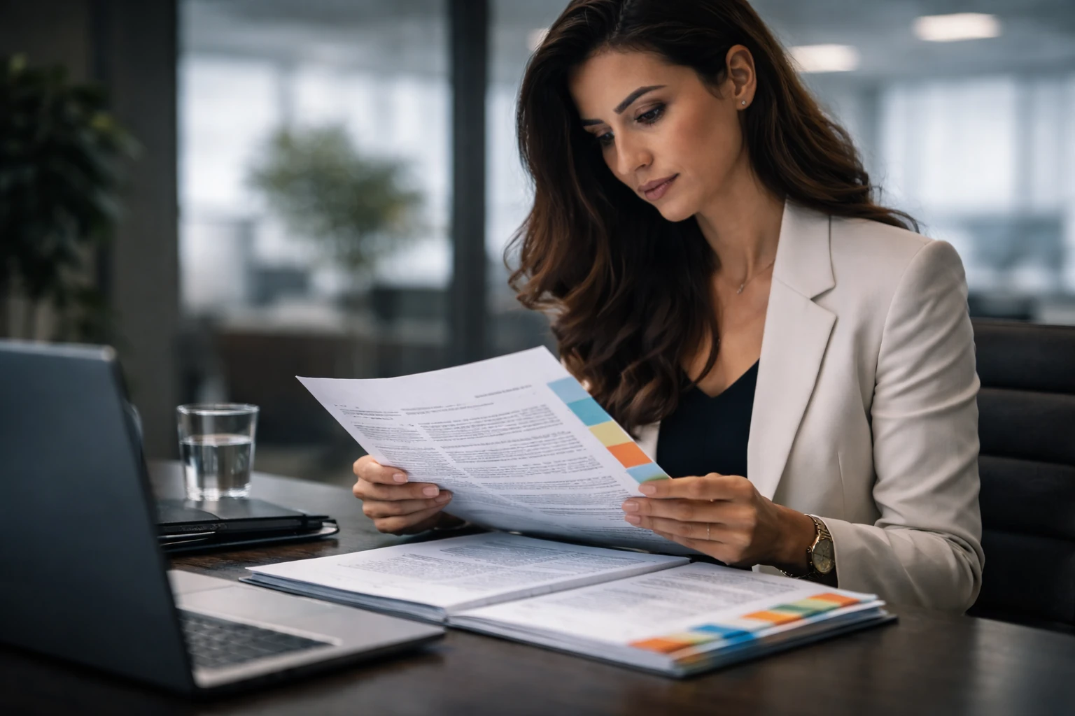 Certified translation specialist working at dual monitors on legal and official texts for UAE clients and authorities. Elan Business Solution.